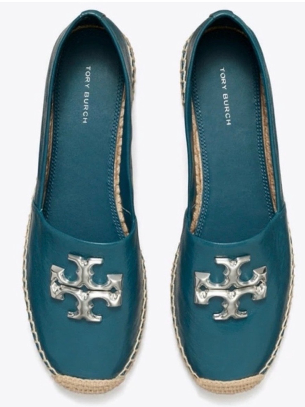 Tory Burch Teal Leather Logo Espadrille Flats